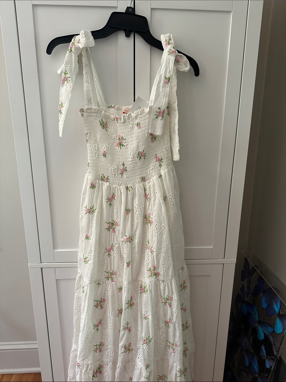 White & Pink Floral Eyelet Tie-Shoulder Maxi Dress - Picture 2 of 3